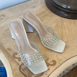 SCHUTZ Cream Iridescent Studded Mules